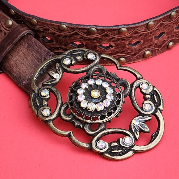 Aldo Genuine Leather Studded Belt With Beautiful Brass Buckle Size S - Picture 4 of 9